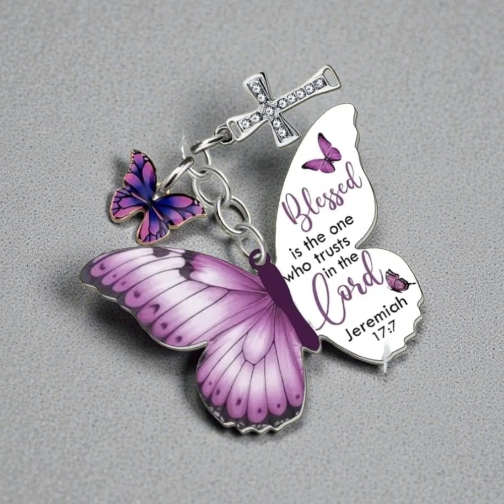 Inspirational Butterfly and Cross Charm Bracelet With Scripture Keychain NIP